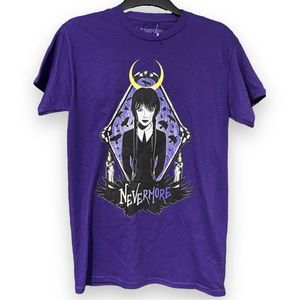 Wednesday Netflix Series Nevermore Purple Graphic T-Shirt Size Medium New